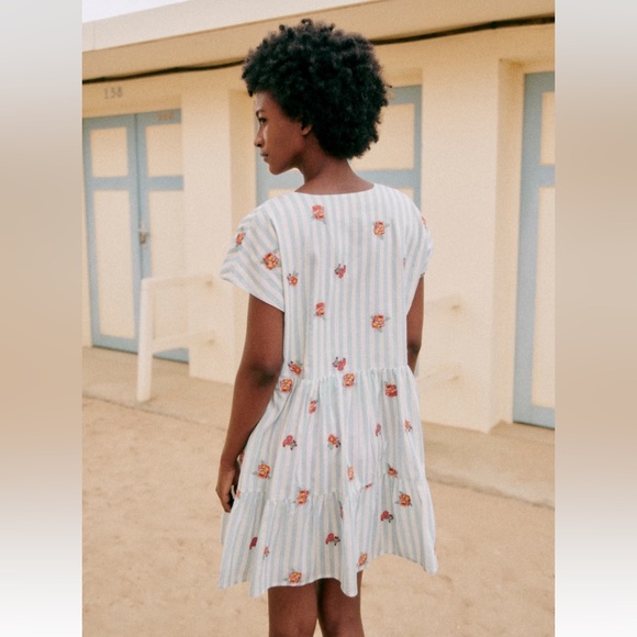 Sezane Saphir Dress in Embroidered Flowers on Blue Stripes Size 42 - Picture 2 of 11